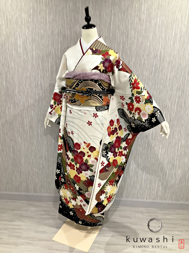 正絹振袖レンタル】 80006 ホワイト吉祥桜正絹振袖袋帯