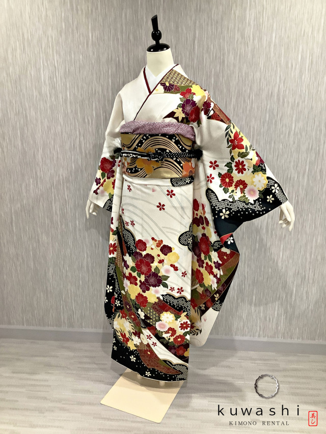 正絹振袖レンタル】 80006 ホワイト吉祥桜正絹振袖袋帯
