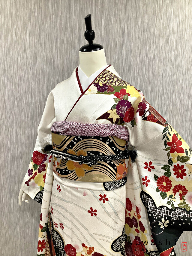 正絹振袖レンタル】 80006 ホワイト吉祥桜正絹振袖袋帯