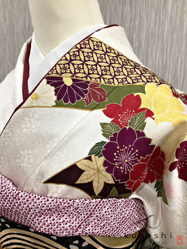 正絹振袖レンタル】 80006 ホワイト吉祥桜正絹振袖袋帯