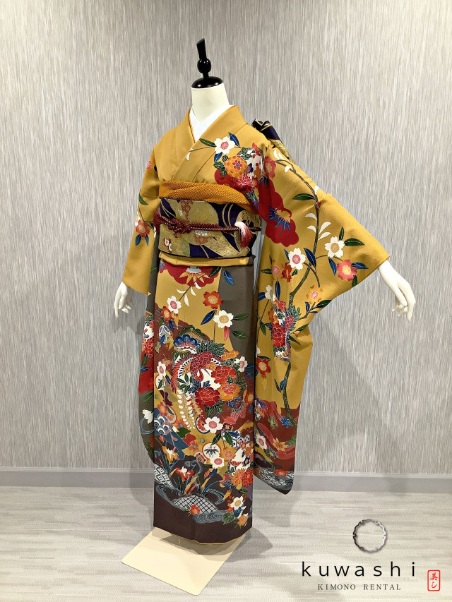 正絹振袖レンタル】 80009 からし色紅型正絹振袖袋帯セット