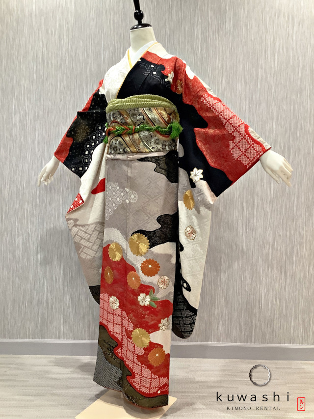 朱白黒絞り豪華元禄柄 絹 身丈約165㎝裄約67㎝ロング袋帯付 超美品