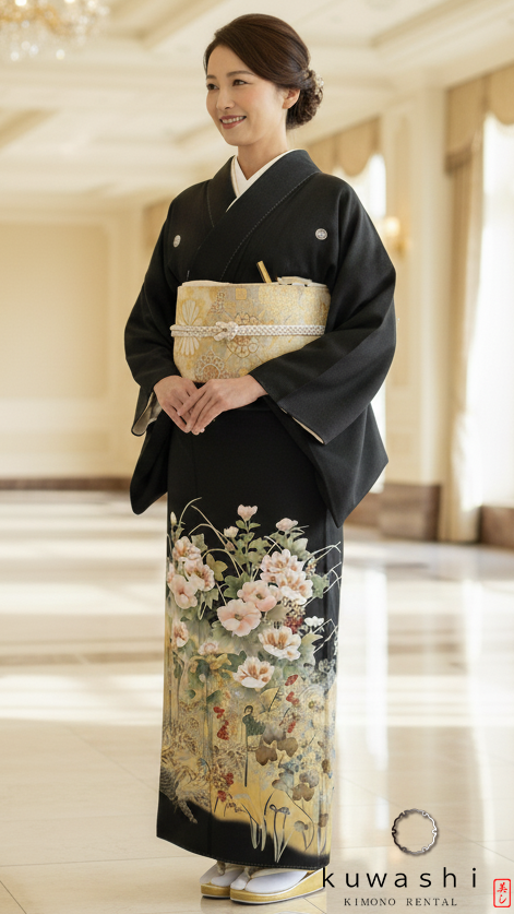 クワシ着物レンタル 百花金箔黒留袖袋帯セット