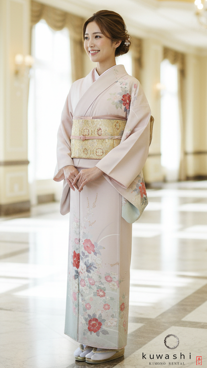 クワシ着物レンタル ピンクベージュ正絹訪問着