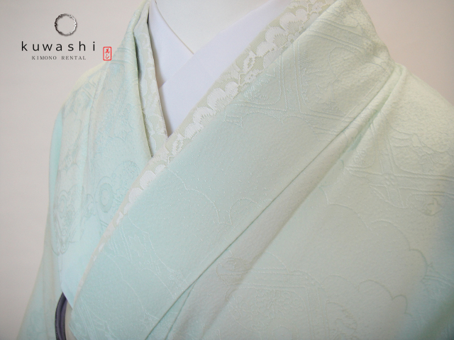 正絹色無地レンタル】 10033 ミントグリーン地紋正絹色無地 袋帯