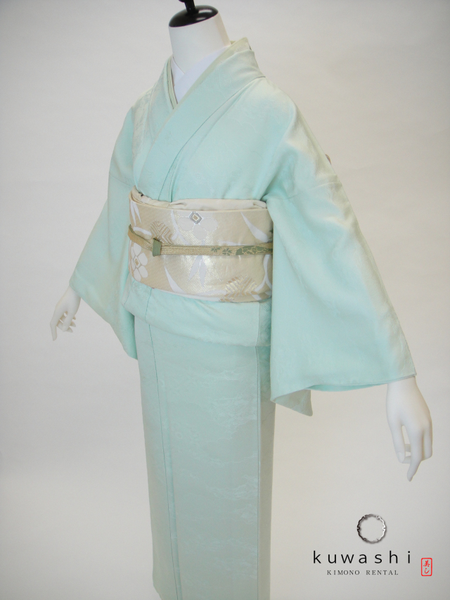 正絹色無地レンタル】 10033 ミントグリーン地紋正絹色無地 袋帯