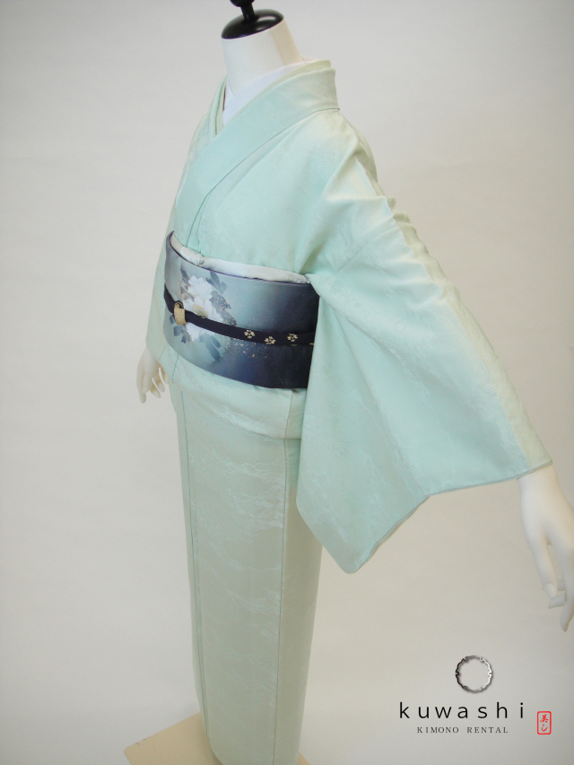 正絹色無地レンタル】 10033 ミントグリーン地紋正絹色無地 袋帯