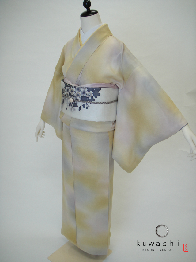 正絹色無地レンタル】 10034 ライトイエローぼかし正絹色無地フル