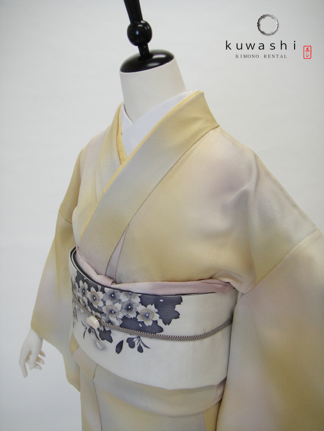 正絹色無地レンタル】 10034 ライトイエローぼかし正絹色無地フル