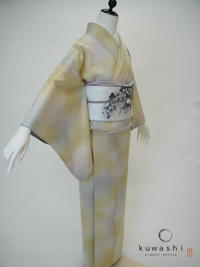 正絹色無地レンタル】 10034 ライトイエローぼかし正絹色無地フル